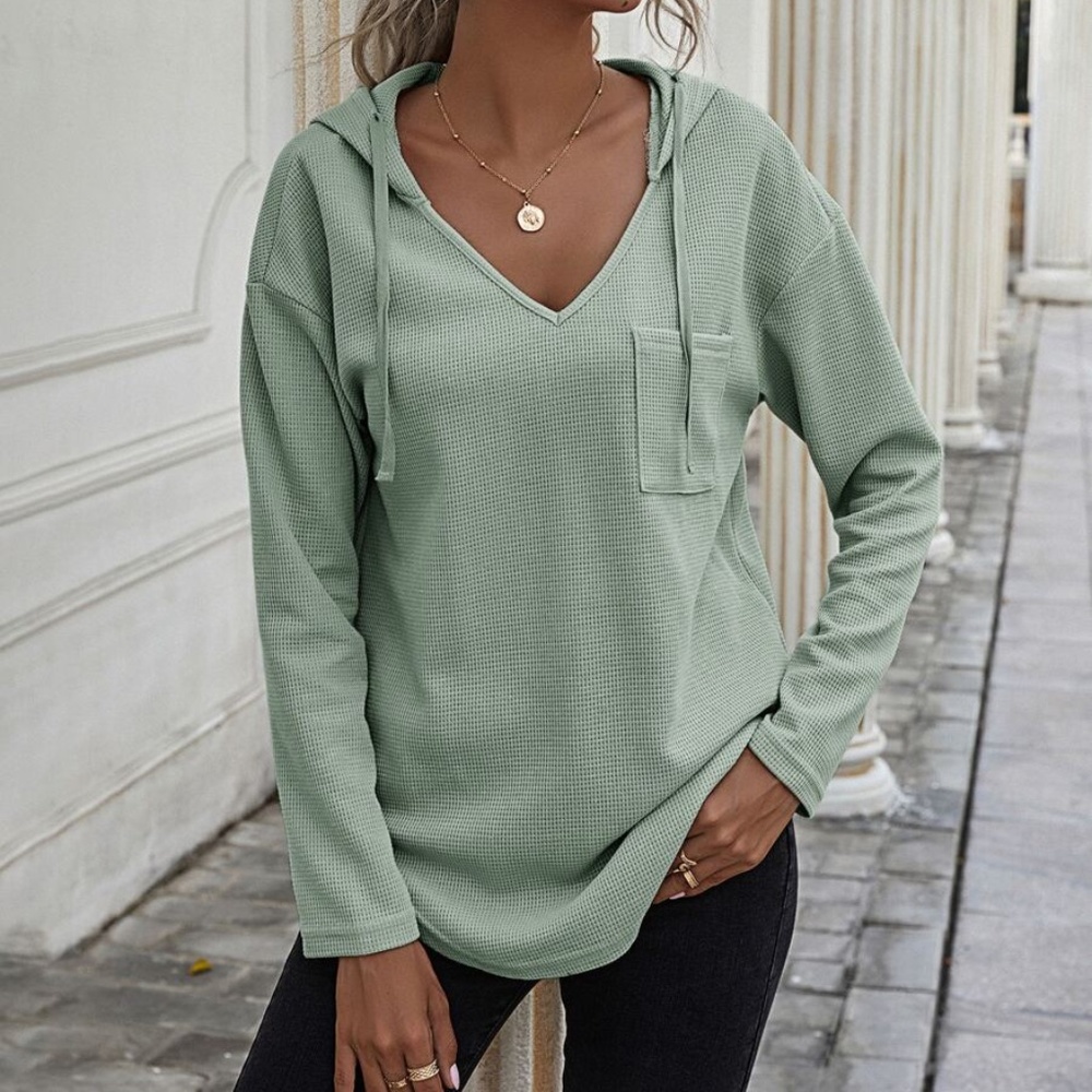 Cozy Blush v neck waffle knit long sleeve hoodie top - Picture 6 of 9